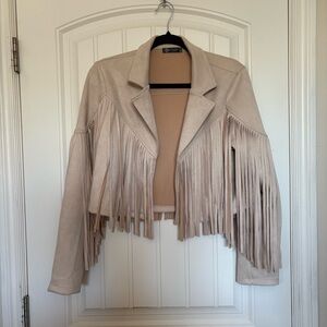 Fringe Faux Suede Cropped Jacket - Beige